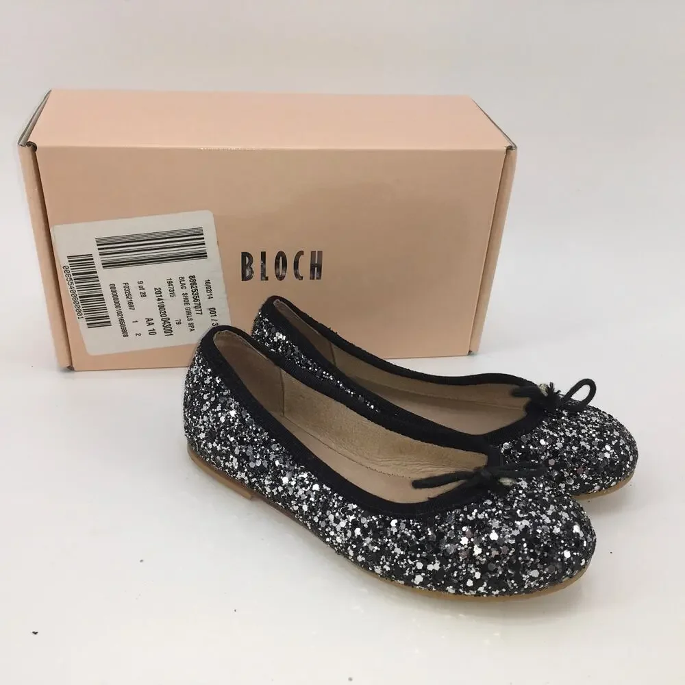 Bloch Helia Girls Sparkle Ballet Flats Shoe US 10 EU28 Silver Black Leather Sole
